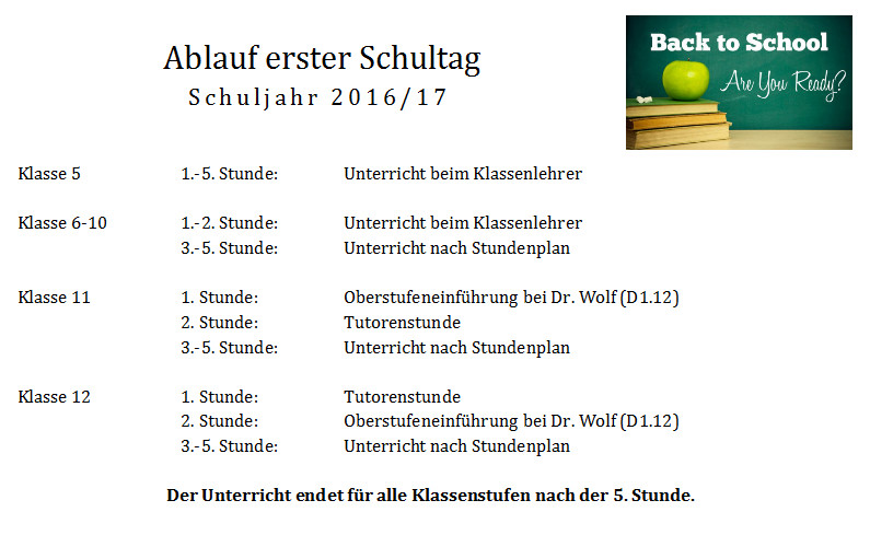 Informationen zum 1. Schultag