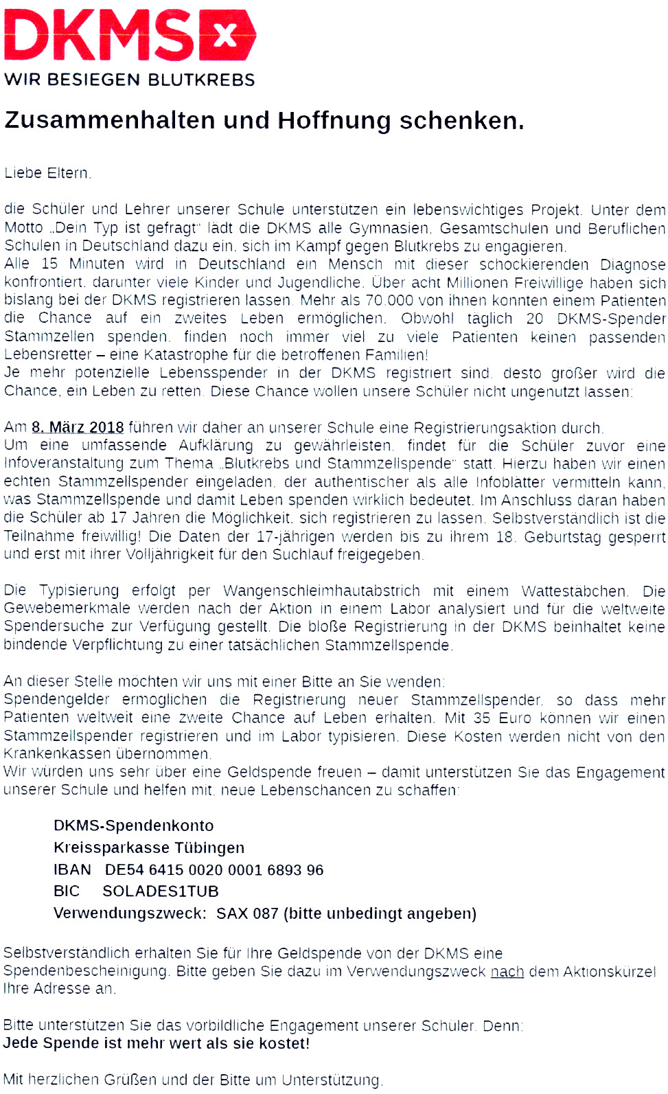 DKMS – Spendenaufruf