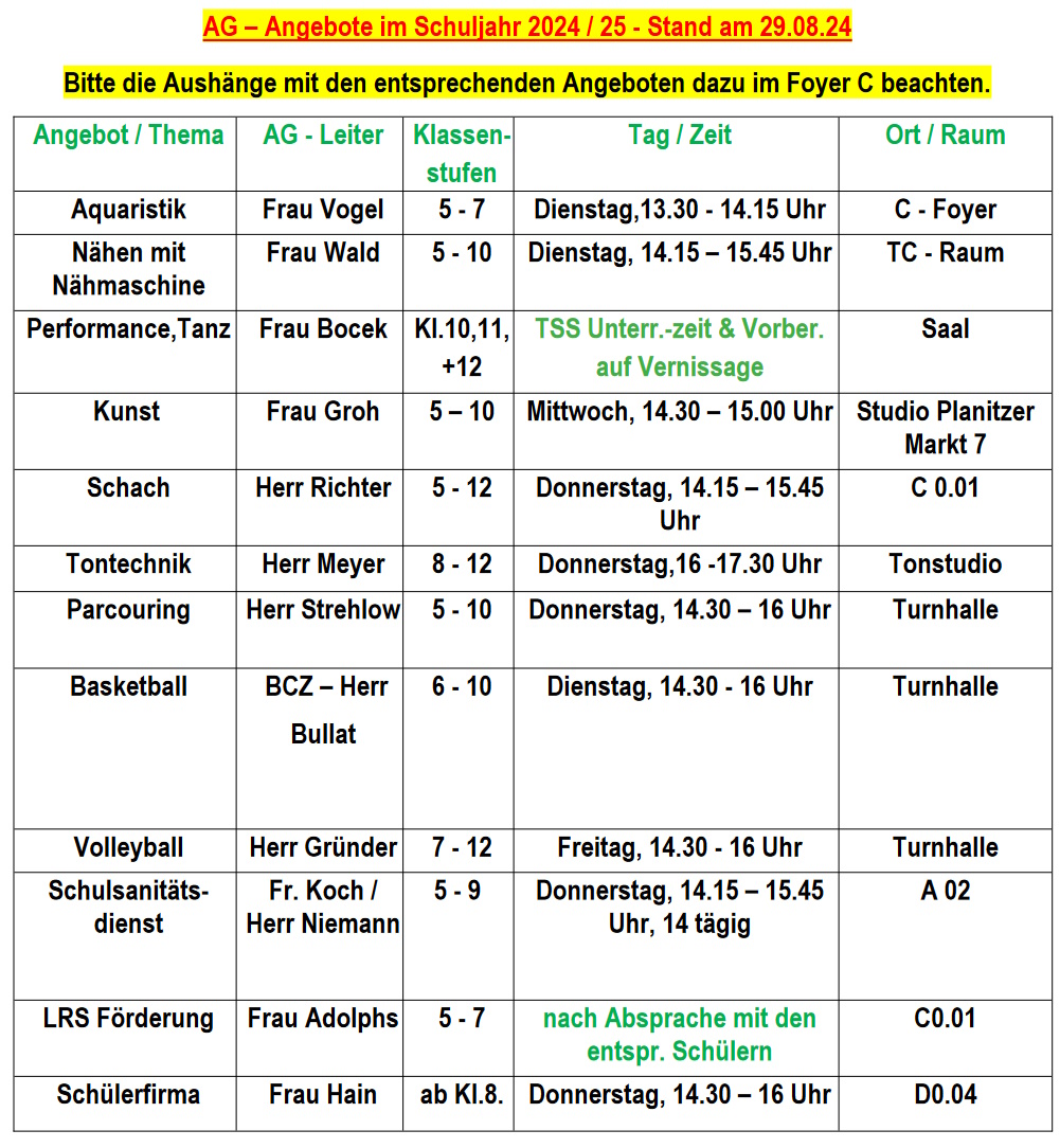 AG-Angebot im Schuljahr 2024/25